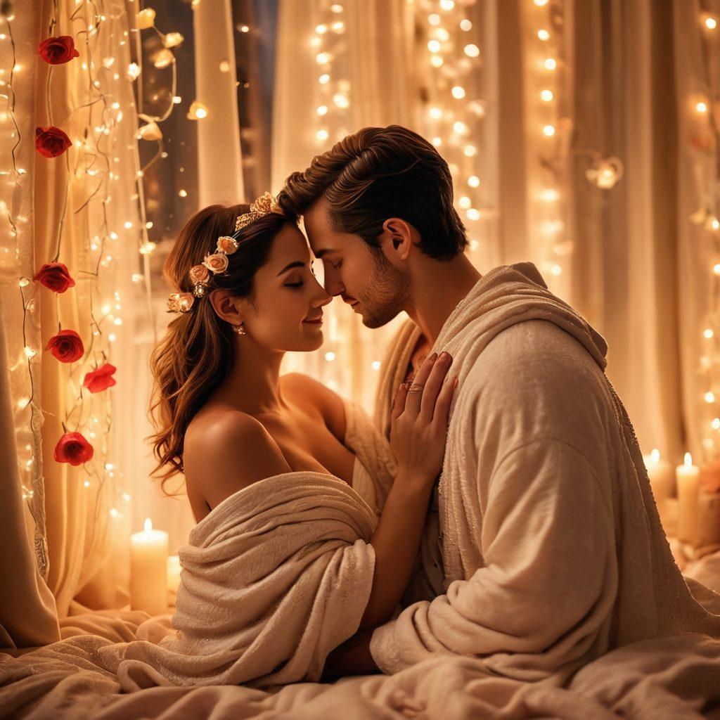 A cozy, candle-lit room featuring a couple deeply connected, gazing into each other's eyes, surrounded by soft blankets and twinkling fairy lights. The atmosphere is warm and intimate, with symbols of love like hearts and roses subtly integrated in the background. The couple’s expressions convey deep love and joy, emphasizing their strong bond. soft focus. romantic colors. 3D.