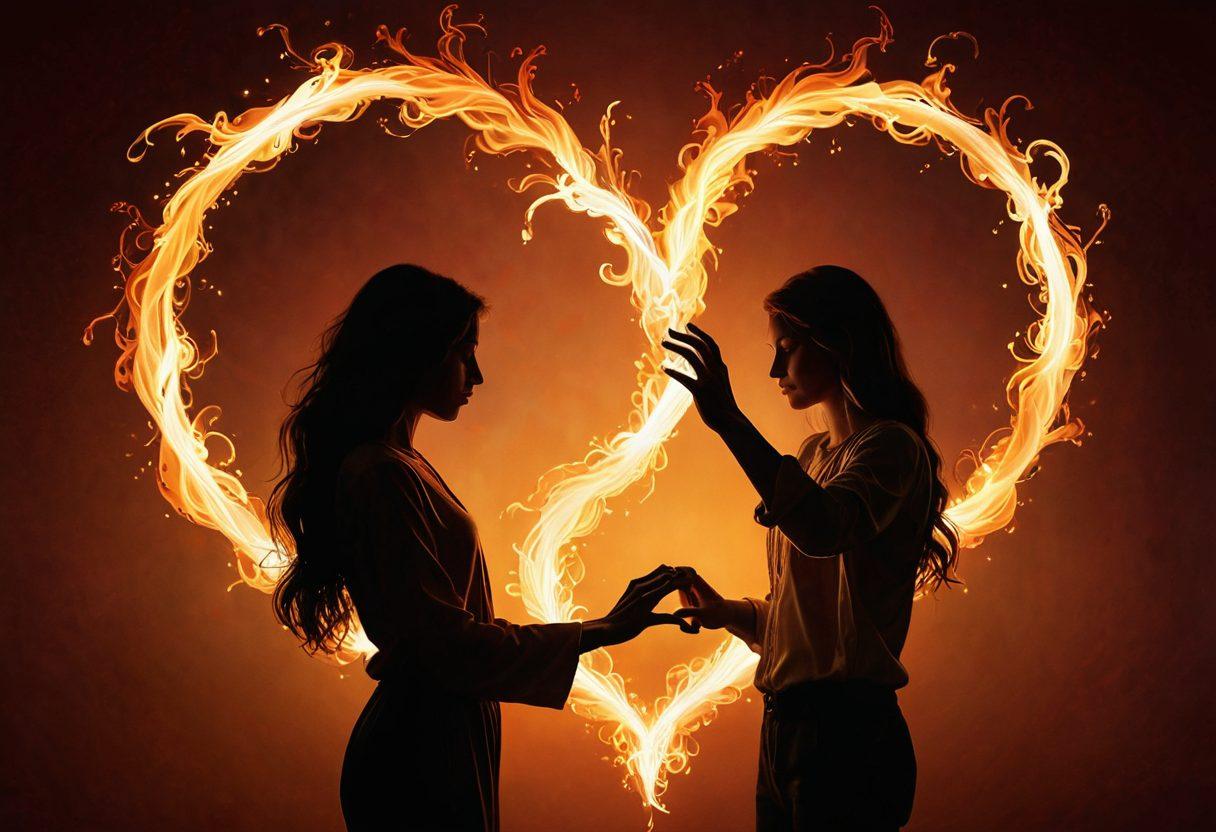 A heart-shaped flame intertwining with soft, gentle tendrils of light, symbolizing passion and tenderness. Surrounding the flame are silhouettes of two people reaching out to each other, their hands almost touching, against a warm, glowing background. The atmosphere is filled with soft, ethereal wisps to evoke a sense of deep connection and intimacy. Artistic style: super-realistic. warm colors. dreamy ambiance.
