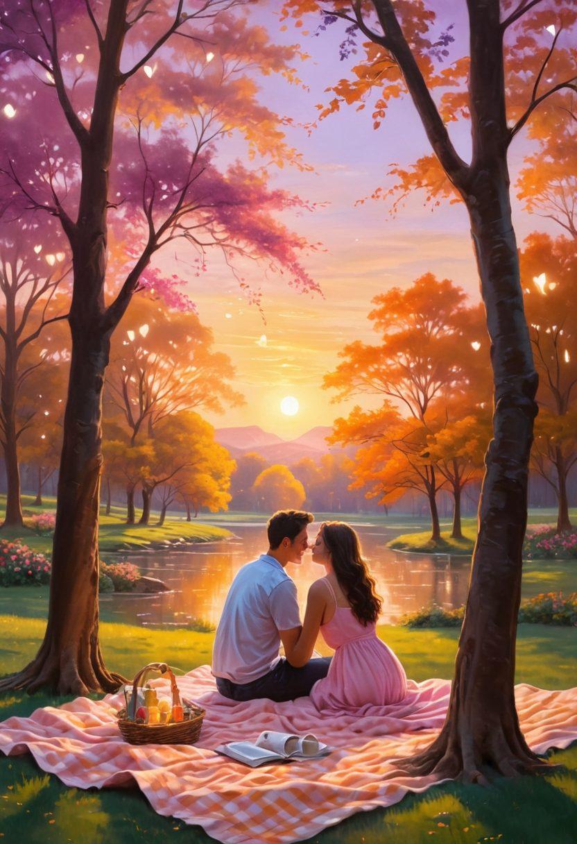 A warm and cozy scene of a couple enjoying a sunset picnic in a serene park, sharing laughter and intimate moments, surrounded by soft glowing fairy lights. The atmosphere is filled with a sense of love, joy, and connection, with a gentle breeze rustling through the trees. Include vibrant colors and subtle heart shapes in the background. painting. vibrant colors. soft-focus.